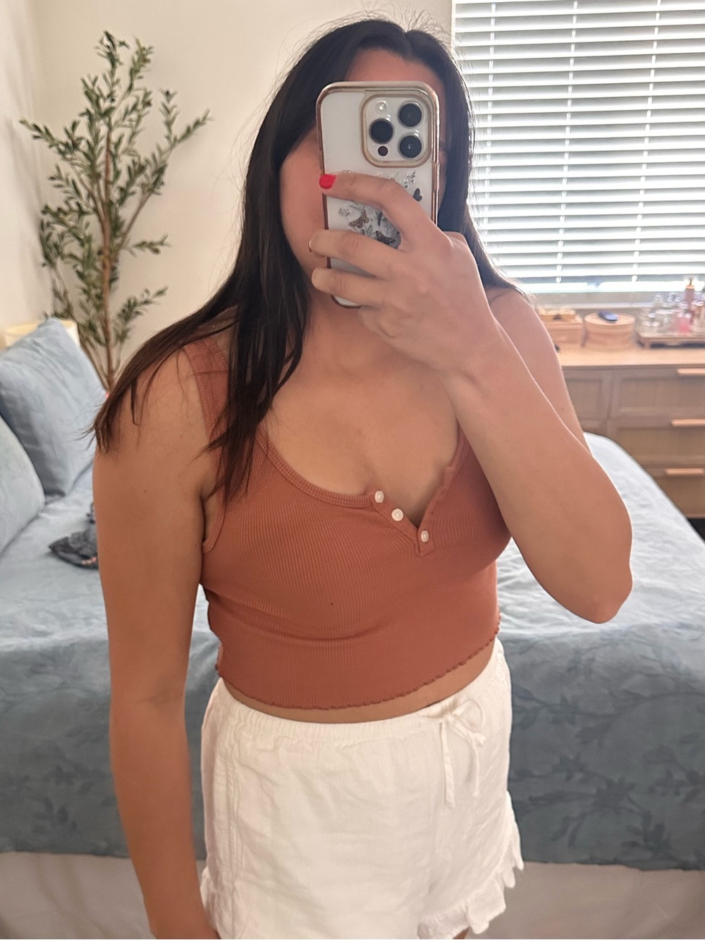 American Eagle Outfitters Ribbed Crop Tank Top in Rust